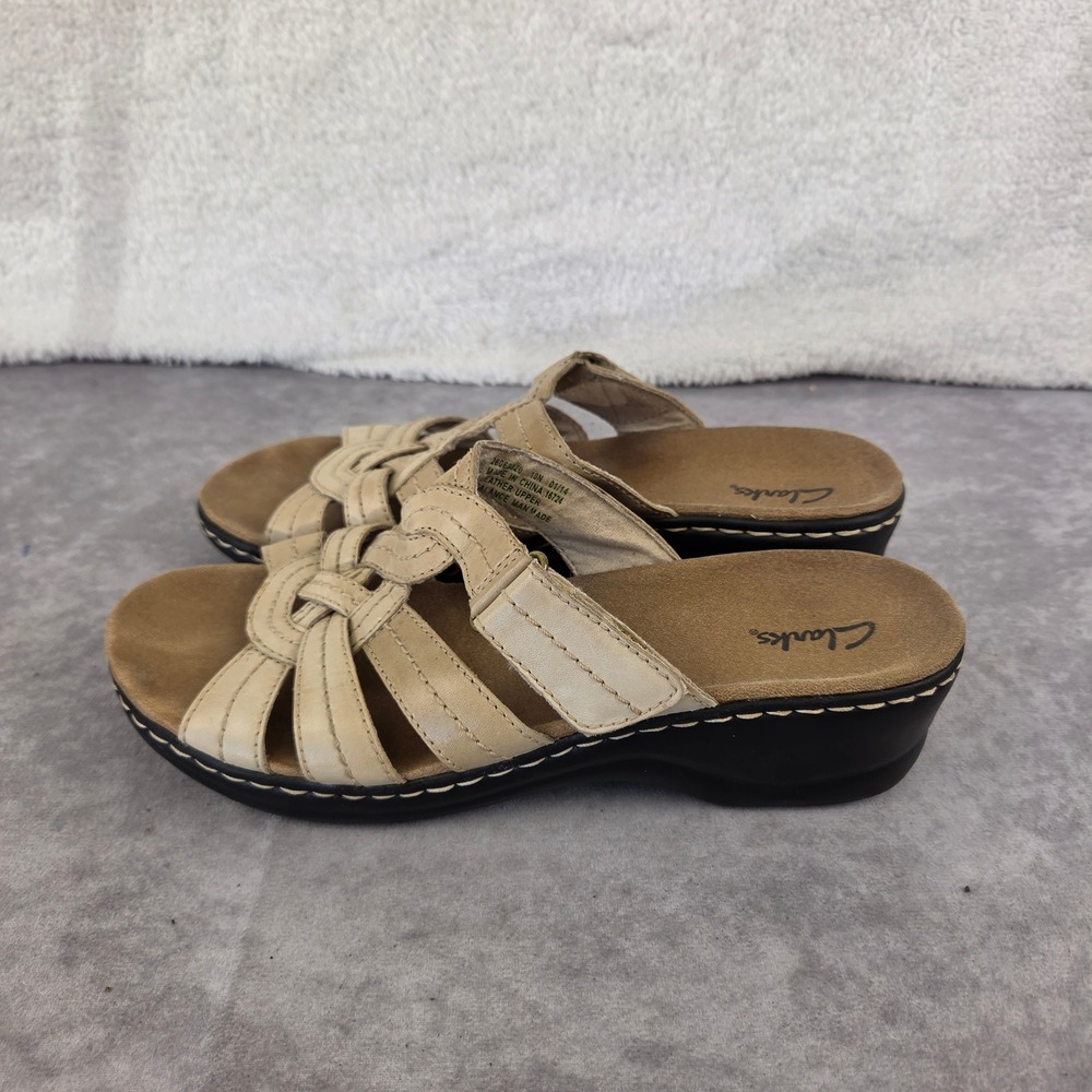 Clarks Womens 10N Beige Leather Strappy Woven Slide Sandals 26068820
